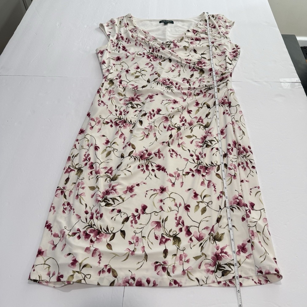 Ralph Lauren Ivory Pink Floral Jersey Surplice Stretch Sheath Dress Size 16 - Picture 8 of 10